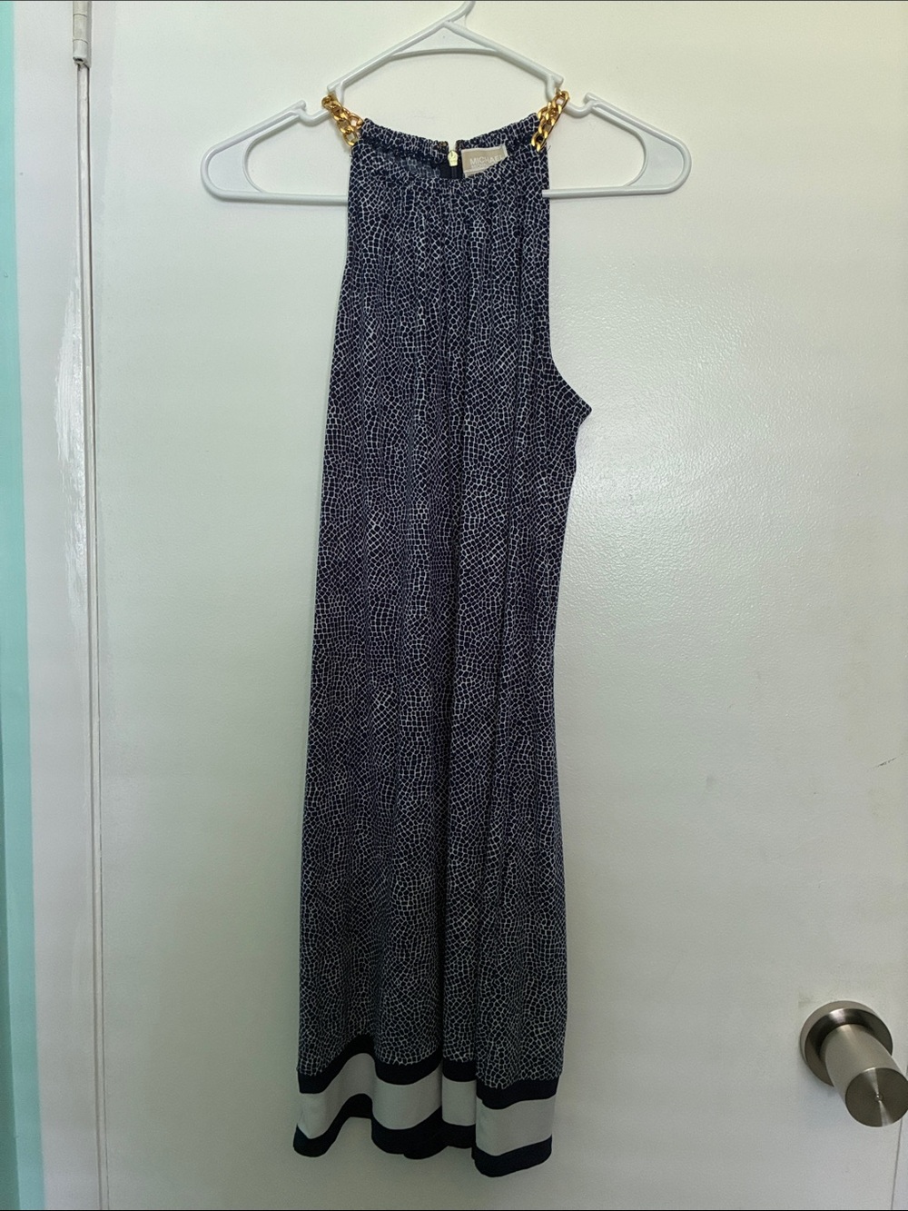 Michael Kors Navy and White Dress with Gold Chain Straps